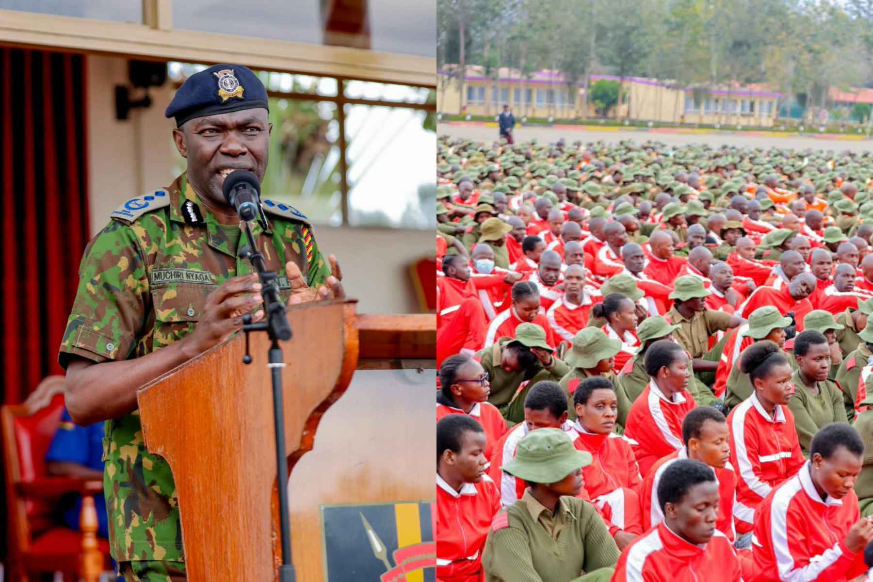 Collage photo of NPS Spokesperson Muchiri Nyaga and police recruits.